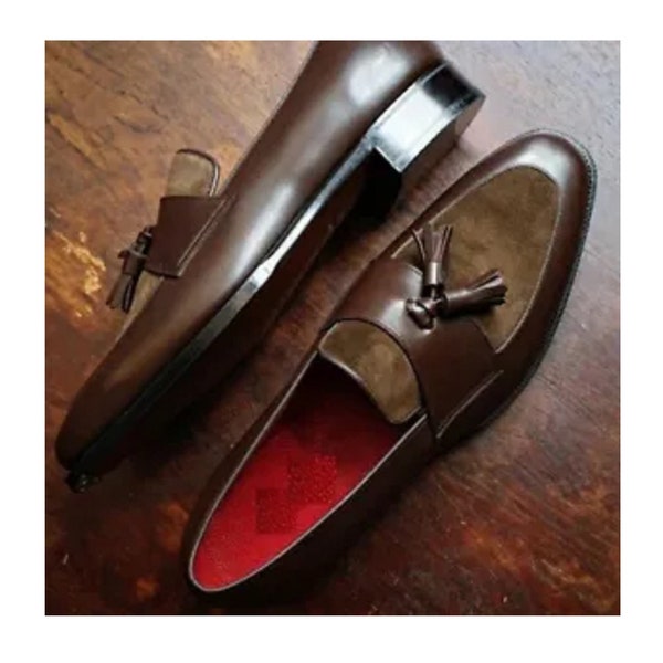 Handmade Mens two tone leather tassels moccasins, Men brown penny loafer suede