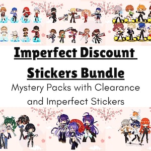 May include: A digital illustration of a sticker bundle featuring various anime characters. The bundle includes mystery packs with clearance and imperfect stickers. The text "Imperfect Discount Stickers Bundle" is displayed in bold letters.