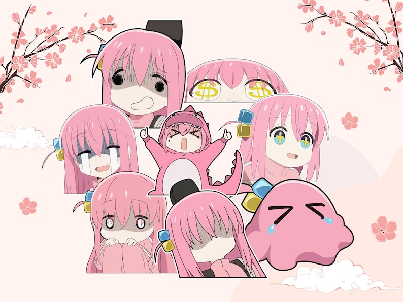 May include: A digital illustration of a pink cartoon character with different facial expressions. The character is shown in various poses, including crying, smiling, and looking surprised. The background is a light pink with white clouds and pink cherry blossoms.