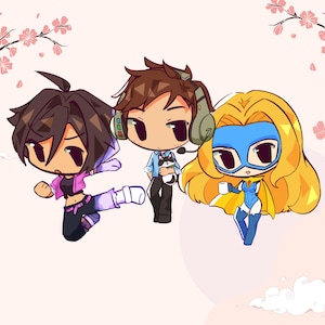 May include: Illustration of three cartoon characters. One is kicking, another is holding a small dog, and the third is holding a cup. The background features cherry blossom branches and pink flowers.