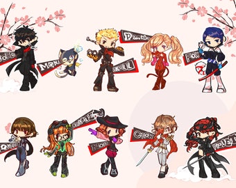 Może przedstawiać: Kolorowa ilustracja 10 postaci z gry wideo Persona 5. Postacie są narysowane w stylu chibi i noszą swoje charakterystyczne stroje. Postacie są ułożone w dwóch rzędach, przy czym górny rząd przedstawia Jokera, Monę, Czaszkę, Panterę i Lisa. Dolny rząd przedstawia Królową, Wyrocznię, Noir, Kruka i Fiolet.
