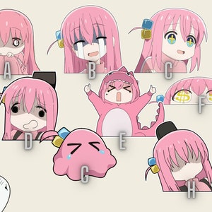 May include: A set of eight pink and white anime character stickers with different expressions. The stickers feature a girl with pink hair and a variety of facial expressions, including surprised, happy, and sad. The stickers are perfect for adding a touch of anime to your laptop, phone, or water bottle.