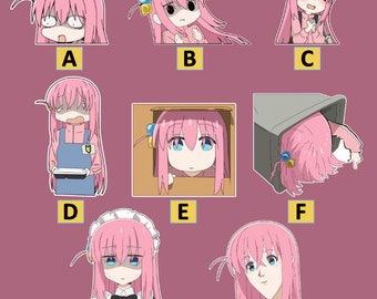 May include: A set of nine stickers featuring a pink-haired anime character in various poses and expressions. The stickers are printed on white paper with a glossy finish.