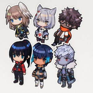 May include: Five cartoon character stickers with different designs. The characters are a girl with white hair and a cat tail, a girl with brown hair and a white halo, a girl with blue hair and a red bow, a boy with blue hair and a red scarf, and a boy with white hair and a blue scarf.