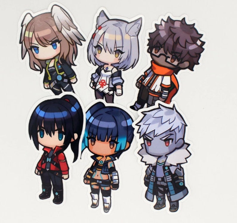 May include: Five cartoon character stickers with different designs. The characters are a girl with white hair and a cat tail, a girl with brown hair and a white halo, a girl with blue hair and a red bow, a boy with blue hair and a red scarf, and a boy with white hair and a blue scarf.