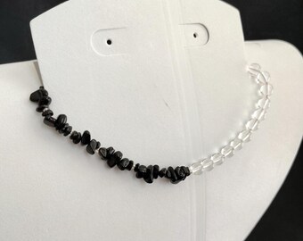 Asymmetrical black jasper and clear beaded choker