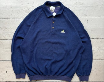 90's Vintage Adidas Navy Knitted Collared Sweatshirt (XL)