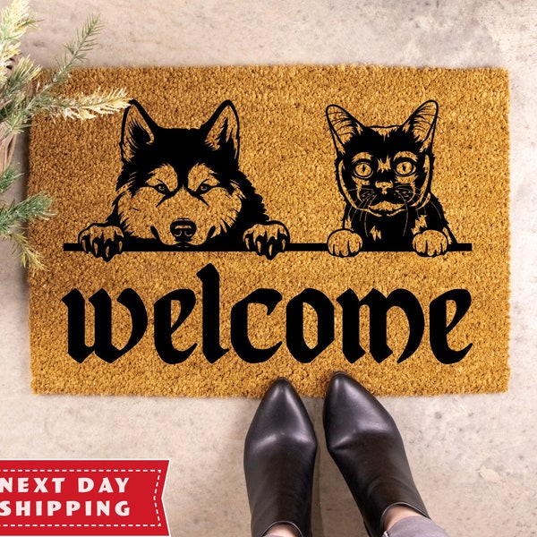 Personalized Dog and Cat Doormat, Welcome Mat Cats and Dogs, Custom Dog and Cat Gift, Cat Dog Breeds, Pet Lover Gift, Housewarming Gift