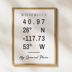 May include: A framed print with the text "Winnemucca 40.97 26° N -117.73 53° W My Special Place."