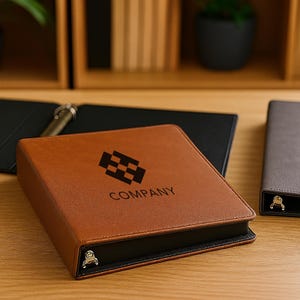 May include: A brown leather binder with a black logo and the word "COMPANY" printed below it. A gray binder with a similar design is also visible. Both binders have a zipper closure.