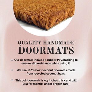 May include: A close-up of a brown coir doormat with a rubber backing. The doormat is made from recycled coconut fibres and is 0.5 inches thick. The text "QUALITY HANDMADE DOORMATS" is displayed above the description of the doormat.