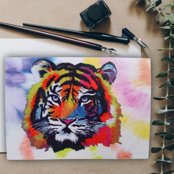 Vibrant Tiger Greeting Card, wild animal artwork birthday card, congratulations card. Gift for Feline Enthusiasts, blank inside postcard