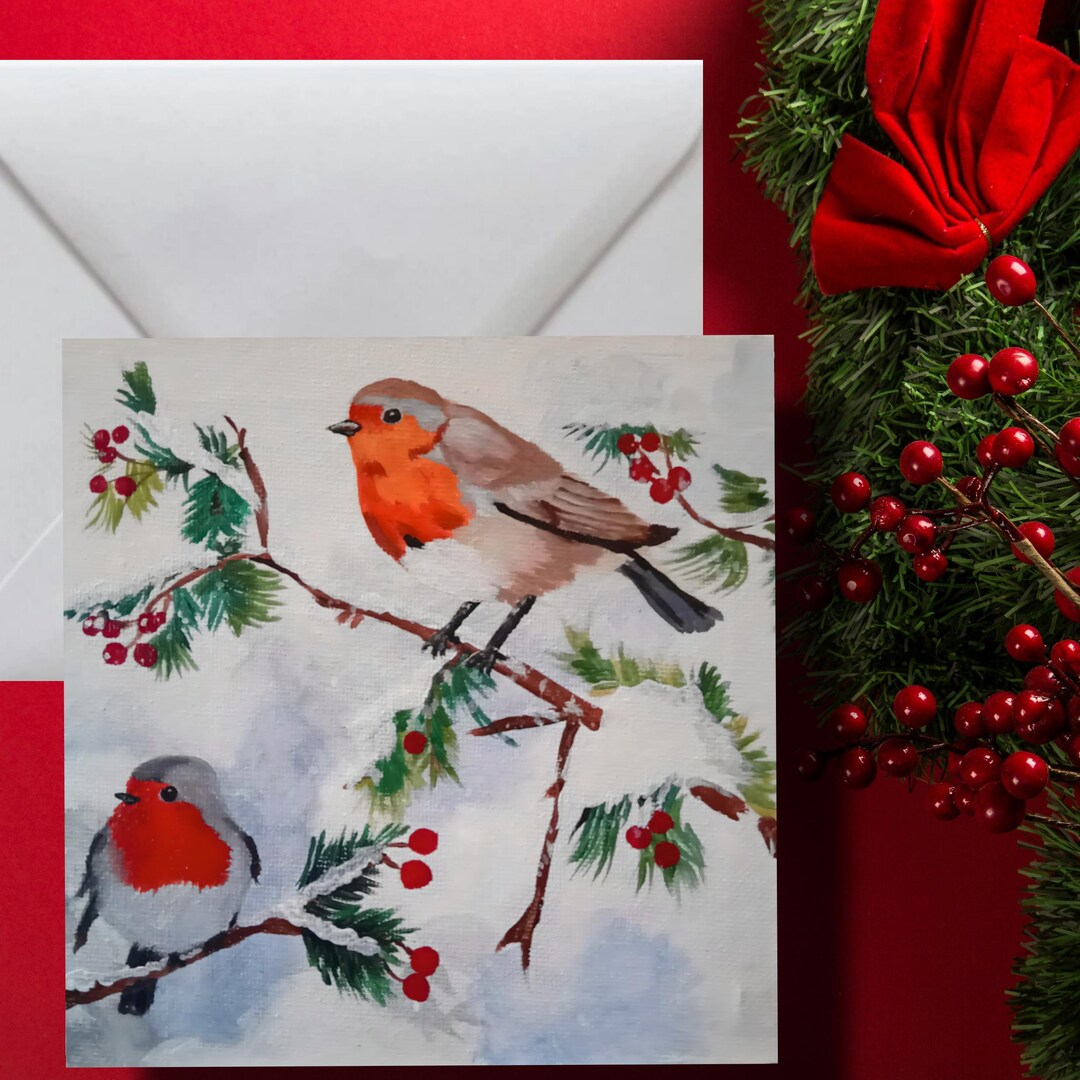 Red Robins Christmas Card for Happy Holidays, Seasonal Merry Wishes ...
