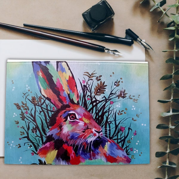Charming hare art greeting card, unique rabbit birthday card with wildlife artwork, gift for bunny lover, blank inside animal postcard
