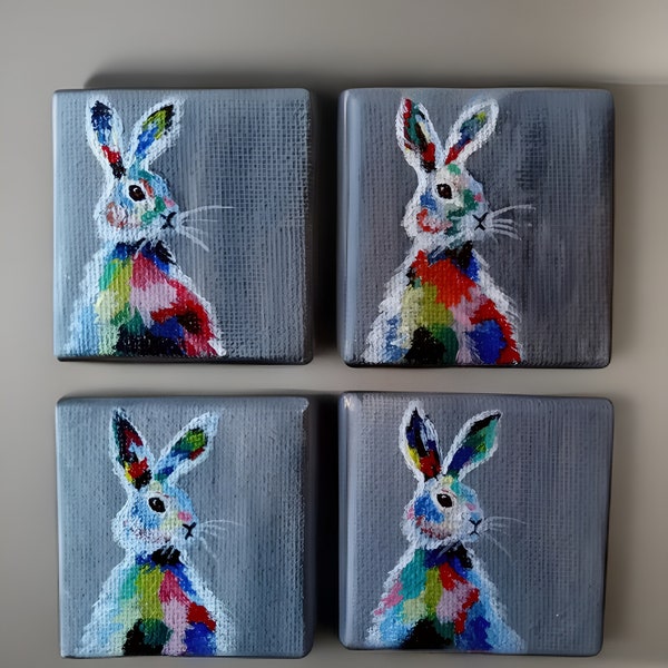 Adorable Bunny Mini Painting: Original Abstract Acrylic Art on Tiny Canvas, Colorful Rabbit Decor for Art Admirers