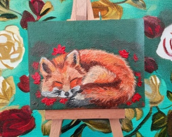 Peinture de renard endormi sur une mini toile : oeuvre d'art acrylique unique de renard, adorable décoration d'intérieur animalière peinte à la main, cadeau pour les amoureux des animaux mignons