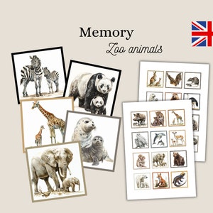 Animali dello zoo, gioco di memoria, Montessori, educativo, sviluppo, bambino, scuola, carte, giochi, gioco, stampabile, pdf, insegnante, maestro