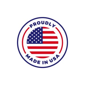 May include: Circular emblem featuring the American flag with red and white stripes and white stars on a blue background. The text "PROUDLY MADE IN USA" is in a blue font, encircling the flag.