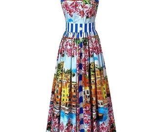 Luxury Elegant Summer knee Dress Women’s Sleeveless scilian, Italian dolce vita tile print blue and white majolica Amalfi coast