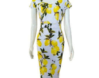 Luxury Elegant Summer Mini Dress Women’s Sleeveless Lemon 50s 60s, scilian, Italian dolce vita shift dress office pencil