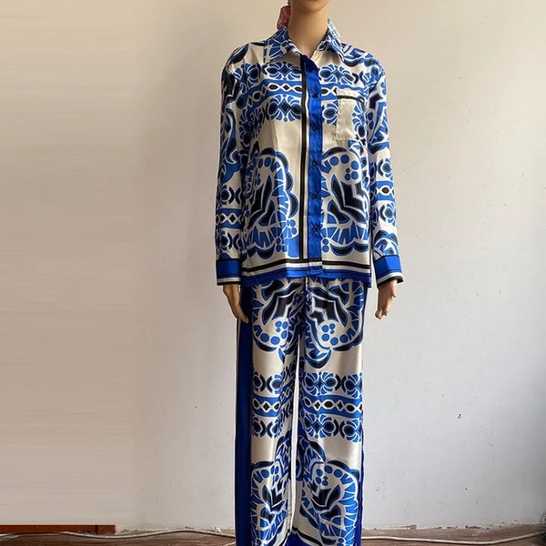 Luxury Elegant Summer 2 piece set trousers blouse  button up holiday Women’s scilian, Italian dolce vita tile print blue and white majolica