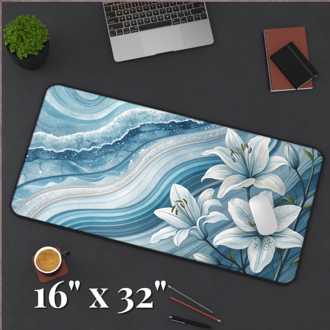 Blue Floral Desk Mat | White Lily Mouse Pad | Elegant Nature Office ...