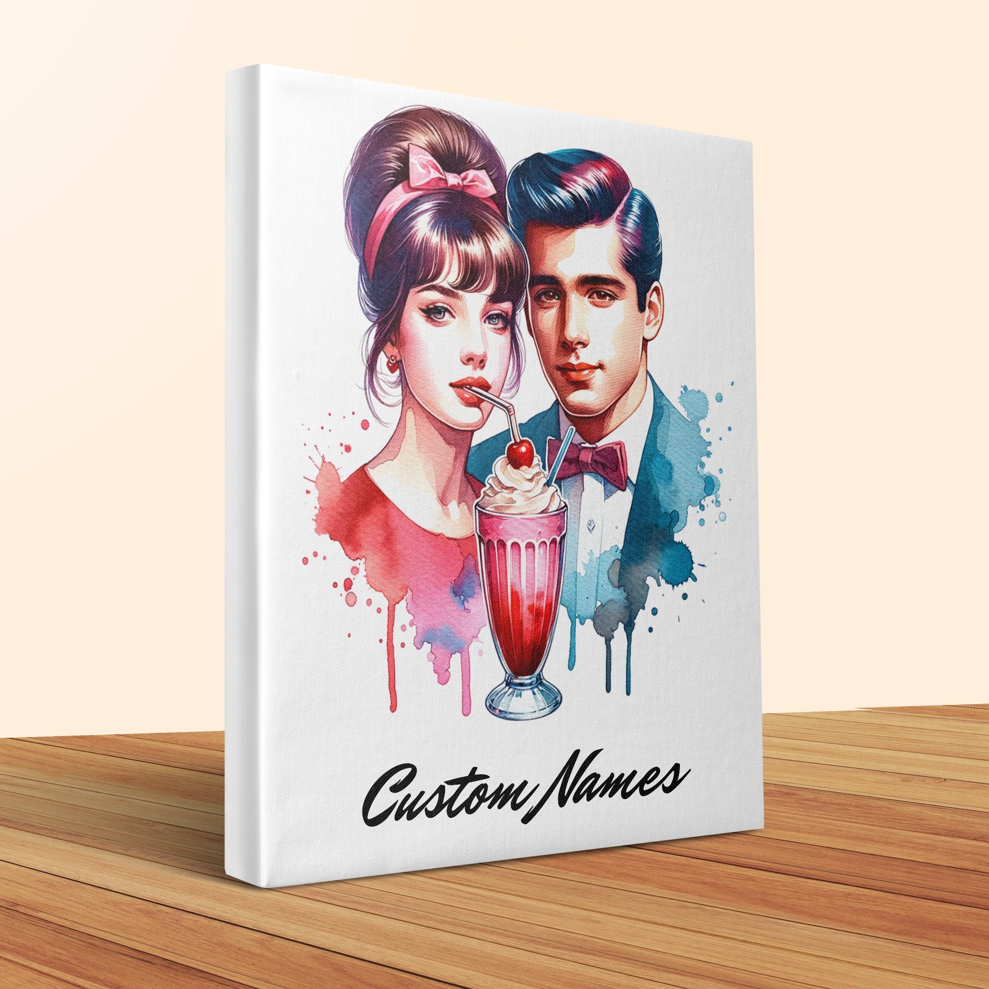 Vintage Retro Couple Wall Art, Customizable Canvas Print, Watercolor