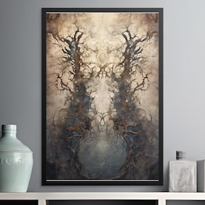 May include: Abstract painting of two trees with brown branches and a light brown background. The trees are symmetrical and appear to be growing out of a dark blue and gray mist.