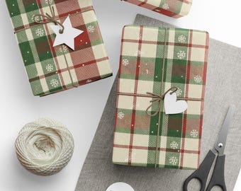 Kerstcadeaupapier, rood-groen geruit, feestelijk cadeaupapier, feestdagen, buffelruit, sneeuwvlokken, kerstpapier, tartan cadeaupapier