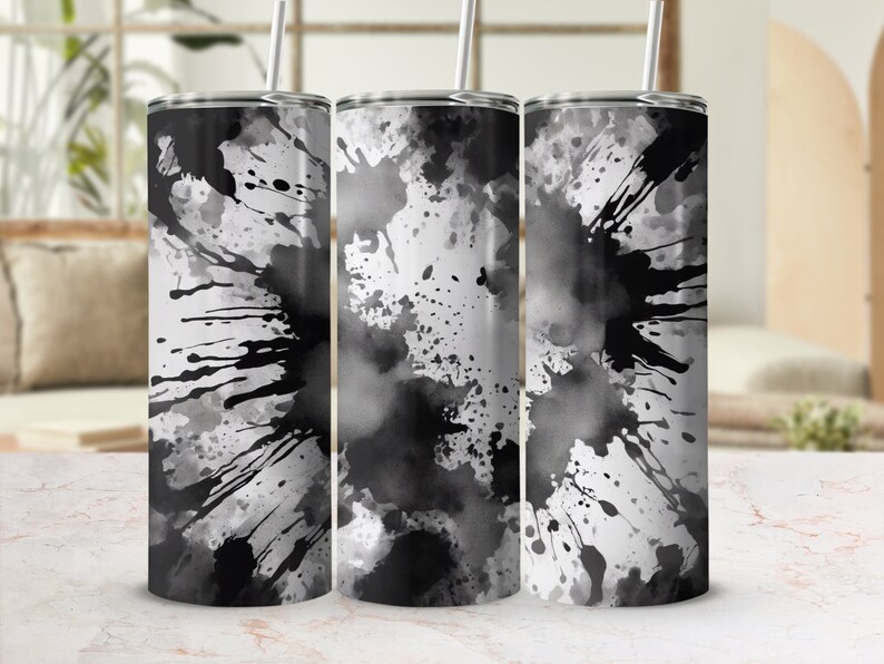 Black and White Abstract Splash Tumbler, Artistic Ink Splatter Design