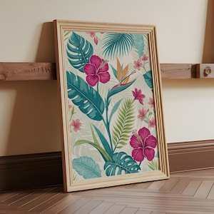 Tropical Floral Poster, Botanical Wall Art, Vintage Flower Print, Large Leaf Artwork, Nature Inspired Decor, Jungle Theme Room Decor