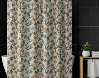 Cottagecore Shower Curtain, Vintage Mushroom and Rose Floral Bathroom Decor, Boho Botanical Vine Bath Curtain, Woodland Housewarming Gift