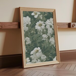 Floral Wall Art: White Flowers on Sage Green, Botanical Print