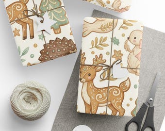 May include: Gift-wrapped presents with a cream-colored background and a repeating pattern of woodland creatures and Christmas tree designs. Each package is tied with twine and a decorative tag. A ball of twine, scissors, and blank tags are also visible.