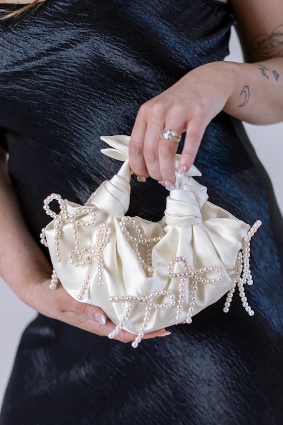 Braut Tasche, Ivory Satin Knoten Tasche mit Perle Bögen