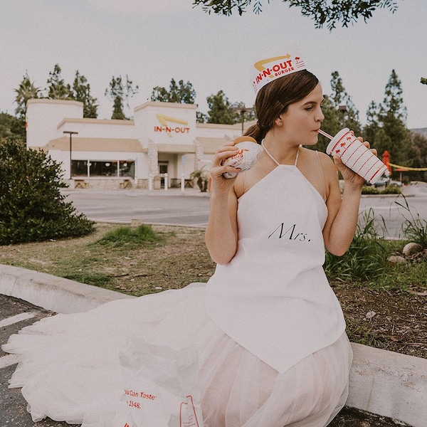 Mrs. Wedding Bib | Bridal Meal Protection, Pearl Necklace