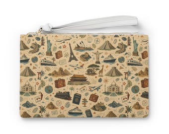 Bolsa de mão vintage com ícones de viagem | Estampa de mala de passaporte com pontos turísticos do mundo