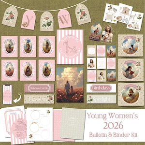 Pode incluir: Uma coleção de artigos de papelaria rosa e bege, incluindo cartões, etiquetas e banners. O conjunto apresenta imagens florais e religiosas, com o texto "Walk With Me" e "Young Women's 2026 Bulletin & Binder Kit."