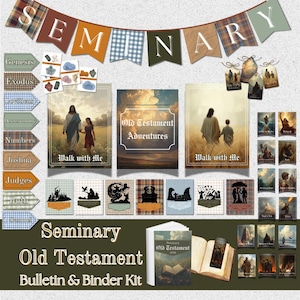 May include: A Seminary Old Testament Bulletin & Binder Kit with various elements. The image includes banners, book covers, and illustrations. The color palette features earth tones, with text that reads "Seminary Old Testament Bulletin & Binder Kit."