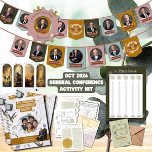 Peut inclure: Un kit d'activités pour la conférence générale d'octobre 2026 comprenant une bannière décorative avec des portraits de dirigeants, un livret à spirales, des feuilles d'exercices, un tableau de suivi et une petite enveloppe pour enfants.