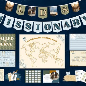 May include: A collection of missionary-themed printables on a dark blue background. The banner reads "MISSIONARY". Other elements include a world map, the text "We'll Bring the World His Truth", and various stationery designs.