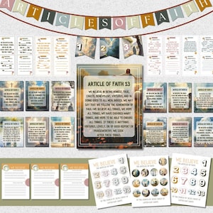 Può includere: Una raccolta di materiali stampati con il testo "Articoli di fede". Gli articoli includono banner, carte e adesivi circolari con numeri e testo. La combinazione di colori è principalmente beige, marrone e bianco.