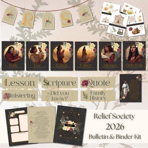 Op de afbeelding: Een Relief Society 2026 Bulletin & Binder Kit met illustraties van bijbelse figuren en decoratieve bloemelementen. Inclusief banners, kaarten en lesmateriaal. De kit bevat de namen Ruth, Eva, Rachab, Esther, Mirjam en Debora.