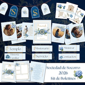 Puede incluir: Un conjunto de artículos de papelería en azul claro y dorado con diseños florales y de escritura. El conjunto incluye pancartas, tarjetas y etiquetas con el texto "Bienvenida", "Templo", "Missionario", "Ministrar", "Historia Familiar", "Servicio" y "Contactos". También se ven las palabras "Sociedad de Socorro 2026 Kit de Boletines".