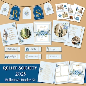 Kit para boletines de la Sociedad de Socorro, 2025, azul clásico (pancarta, cubiertas para carpetas de la presidencia, plantilla para boletín, póster de la Declaración de la Sociedad de Socorro, etc.)
