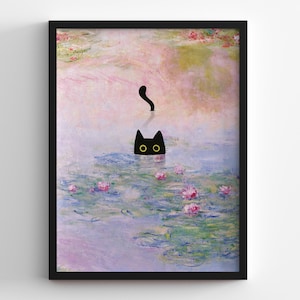 May include: A black cat with yellow eyes peeks out of a pond with water lilies. The cat's tail is visible above the water. The background is a painting of a pond with water lilies.