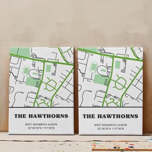 May include: Two white canvases with black and green outlines of a neighborhood map. The text "THE HAWTHORNS" is printed in black at the bottom of each canvas. The text "WEST BROMWICH ALBION" is printed in black below the title. The coordinates "52°30'33"K 1°57'50"B" are printed in black below the location name.