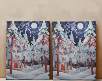 Christmas Forest Folk Art Matte Print, Christmas Wall Print, Christmas Wall Art, Canvas Print, Holiday Decor, Xmas Gift, Winter Wall Art