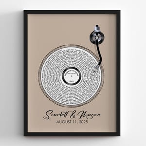 May include: A framed print featuring a record design with the song lyrics of "Someone You Loved" by Lewis Capaldi. The names "Scarlett & Mason" and the date "August 11, 2025" are displayed below the record. The record label shows the year 2019.