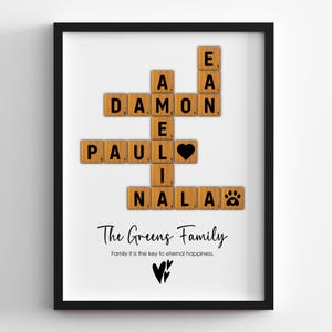 May include: A framed print with a scrabble tile design spelling out the names Damon, Paul, and Nala, with the letters E, A, and I in the middle. The print also includes a heart and a paw print. The text below the design reads "The Greens Family" and "Family it is the key to eternal happiness."